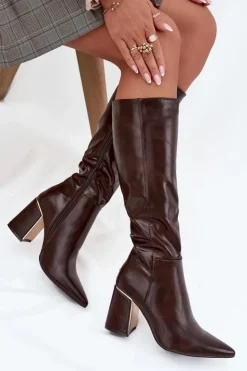 Damskie Boto Kozaki Damskie Na Słupku Ze Złotym Elementem Czekoladowe Alessine