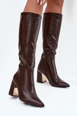 Damskie Boto Kozaki Damskie Na Słupku Ze Złotym Elementem Czekoladowe Alessine