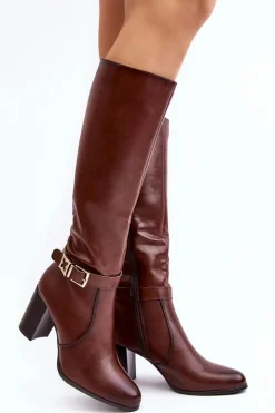 Buty Sergio Leone Kozaki Damskie Na Słupku Z Klamrą Ocieplane Brązowe Sendilia