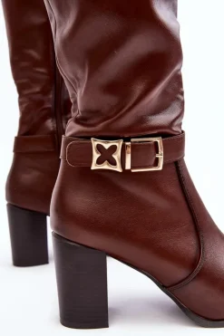 Buty Sergio Leone Kozaki Damskie Na Słupku Z Klamrą Ocieplane Brązowe Sendilia