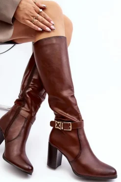 Buty Sergio Leone Kozaki Damskie Na Słupku Z Klamrą Ocieplane Brązowe Sendilia