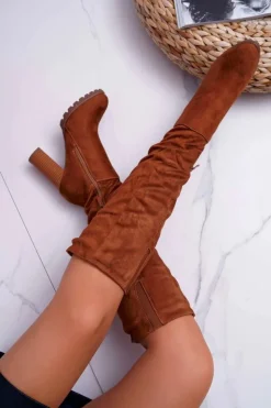 Damskie Boto Kozaki Damskie Na Słupku Zamszowe Camel Marion