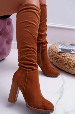 Damskie Boto Kozaki Damskie Na Słupku Zamszowe Camel Marion