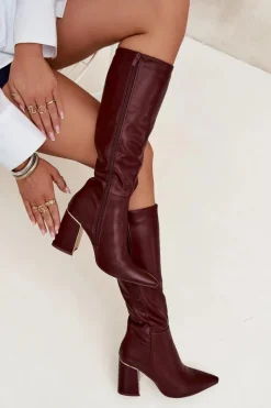 Boto Kozaki Na Słupku|Kozaki Przed Kolano*Kozaki Damskie Na Słupku Ze Złotym Elementem Bordowe Alessine