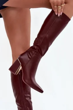 Boto Kozaki Na Słupku|Kozaki Przed Kolano*Kozaki Damskie Na Słupku Ze Złotym Elementem Bordowe Alessine