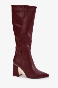 Boto Kozaki Na Słupku|Kozaki Przed Kolano*Kozaki Damskie Na Słupku Ze Złotym Elementem Bordowe Alessine