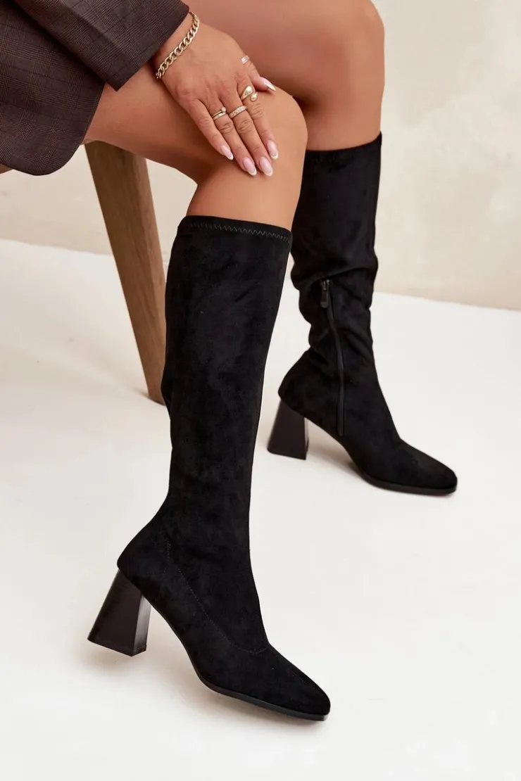 Damskie Boto Kozaki Damskie Na Słupku Z Przeszyciami Czarne Celandine