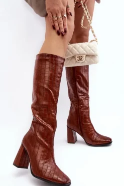 Damskie Boto Kozaki Damskie Na Słupku Z Ozdobnym Tłoczeniem Brązowe Vabaria
