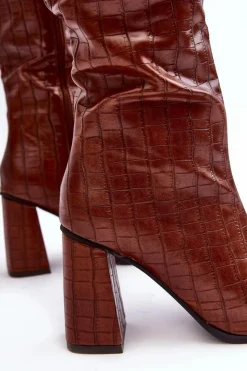 Damskie Boto Kozaki Damskie Na Słupku Z Ozdobnym Tłoczeniem Brązowe Vabaria