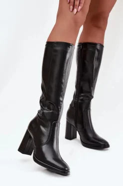 Hot Boto Kozaki Damskie Na Słupku Z Eko Skóry Ocieplane Czarne Lyvella Czarny