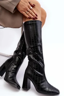Boto Kozaki Przed Kolano|Kozaki Na Obcasie*Kozaki Damskie Na Słupku Z Ozdobnym Tłoczeniem Czarne Vabaria