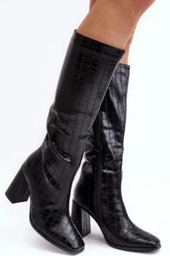 Boto Kozaki Przed Kolano|Kozaki Na Obcasie*Kozaki Damskie Na Słupku Z Ozdobnym Tłoczeniem Czarne Vabaria