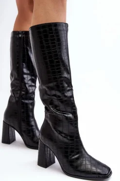 Boto Kozaki Przed Kolano|Kozaki Na Obcasie*Kozaki Damskie Na Słupku Z Ozdobnym Tłoczeniem Czarne Vabaria
