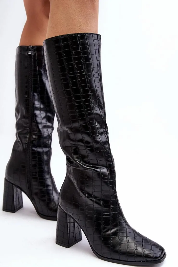 Boto Kozaki Przed Kolano|Kozaki Na Obcasie*Kozaki Damskie Na Słupku Z Ozdobnym Tłoczeniem Czarne Vabaria