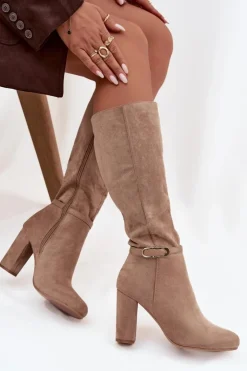 Best Boto Kozaki Damskie Na Słupku Ze Złotą Klamrą Ocieplane Beżowe Seraphine Beżowy