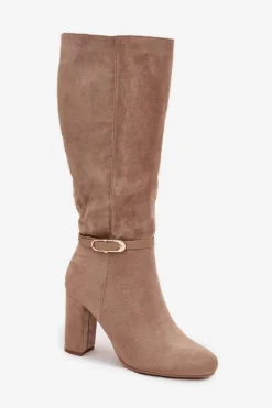 Best Boto Kozaki Damskie Na Słupku Ze Złotą Klamrą Ocieplane Beżowe Seraphine Beżowy