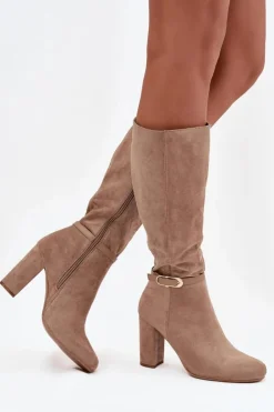 Best Boto Kozaki Damskie Na Słupku Ze Złotą Klamrą Ocieplane Beżowe Seraphine Beżowy