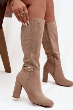 Best Boto Kozaki Damskie Na Słupku Ze Złotą Klamrą Ocieplane Beżowe Seraphine Beżowy