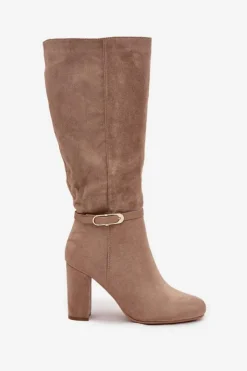 Best Boto Kozaki Damskie Na Słupku Ze Złotą Klamrą Ocieplane Beżowe Seraphine Beżowy