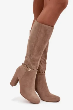 Best Boto Kozaki Damskie Na Słupku Ze Złotą Klamrą Ocieplane Beżowe Seraphine Beżowy