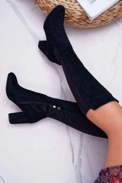 Damskie Boto Kozaki Damskie Na Słupku Zamszowe z Lycrą Czarne Machine