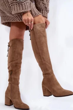 Clearance Buty damskie Vinceza Kozaki Damskie Na Słupku Zamszowe Beżowe Corrig