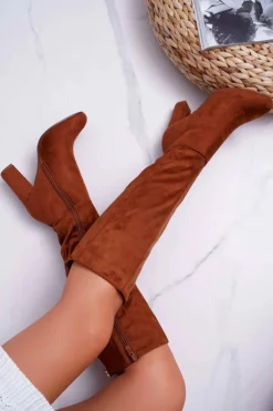 Damskie Boto Kozaki Damskie Na Słupku Zamszowe Camel Classy