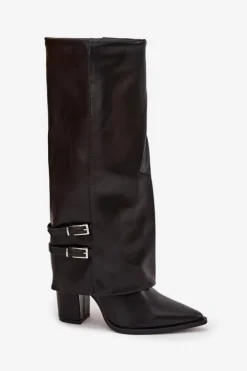 Sale Boto Kozaki Damskie Na Słupku Z Wywiniętą Cholewką I Klamrami Jessae Czarne