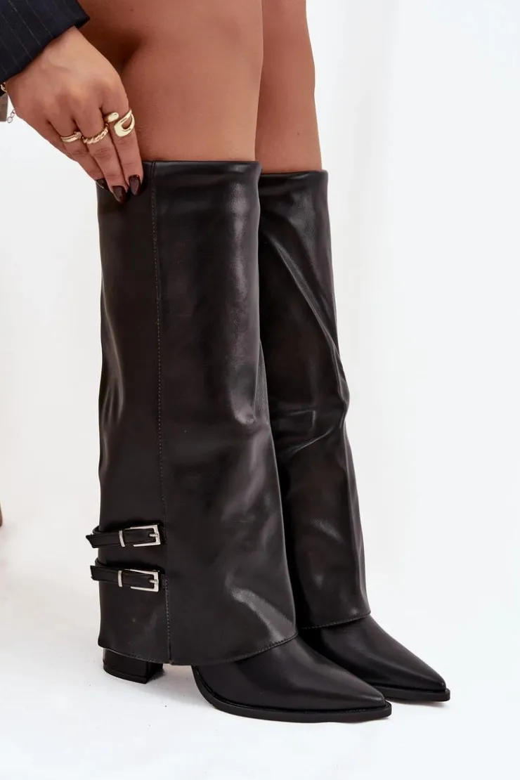 Sale Boto Kozaki Damskie Na Słupku Z Wywiniętą Cholewką I Klamrami Jessae Czarne