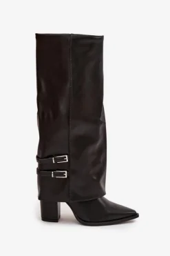 Sale Boto Kozaki Damskie Na Słupku Z Wywiniętą Cholewką I Klamrami Jessae Czarne