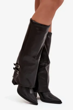 Sale Boto Kozaki Damskie Na Słupku Z Wywiniętą Cholewką I Klamrami Jessae Czarne