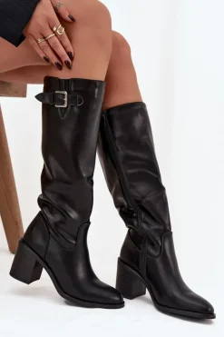 Damskie Boto Kozaki Damskie Na Słupku Z Klamrą Czarne Brenira