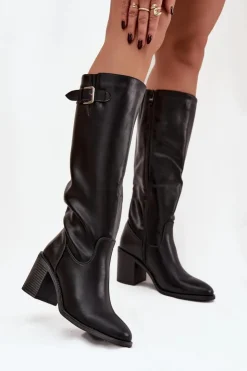 Damskie Boto Kozaki Damskie Na Słupku Z Klamrą Czarne Brenira