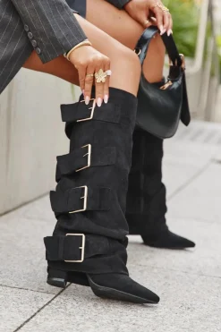 Damskie Boto Kozaki Damskie Na Słupku Z Wywiniętą Cholewką I Złotymi Klamrami Eko Zamszowe Czarne Isavelle