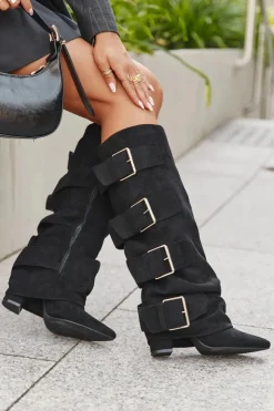 Damskie Boto Kozaki Damskie Na Słupku Z Wywiniętą Cholewką I Złotymi Klamrami Eko Zamszowe Czarne Isavelle