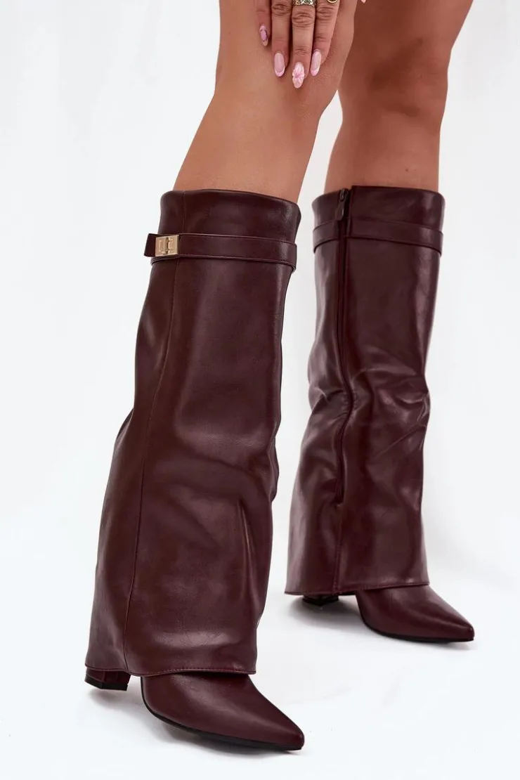 Damskie Boto Kozaki Damskie Na Słupku Z Wywiniętą Cholewką I Złotym Detalem Bordowe Diorna