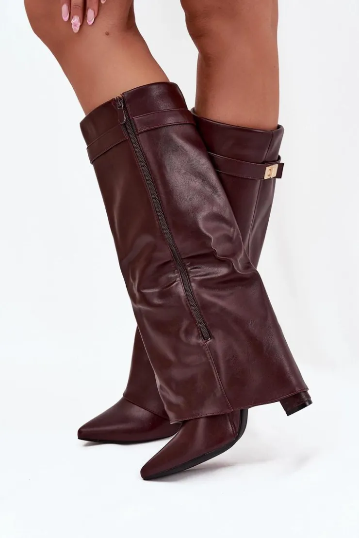 Damskie Boto Kozaki Damskie Na Słupku Z Wywiniętą Cholewką I Złotym Detalem Bordowe Diorna