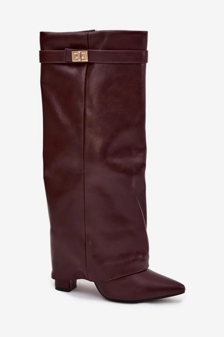Damskie Boto Kozaki Damskie Na Słupku Z Wywiniętą Cholewką I Złotym Detalem Bordowe Diorna