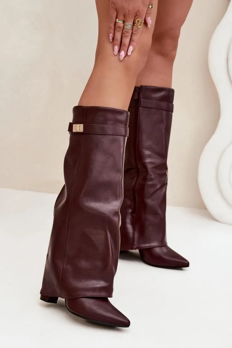 Damskie Boto Kozaki Damskie Na Słupku Z Wywiniętą Cholewką I Złotym Detalem Bordowe Diorna