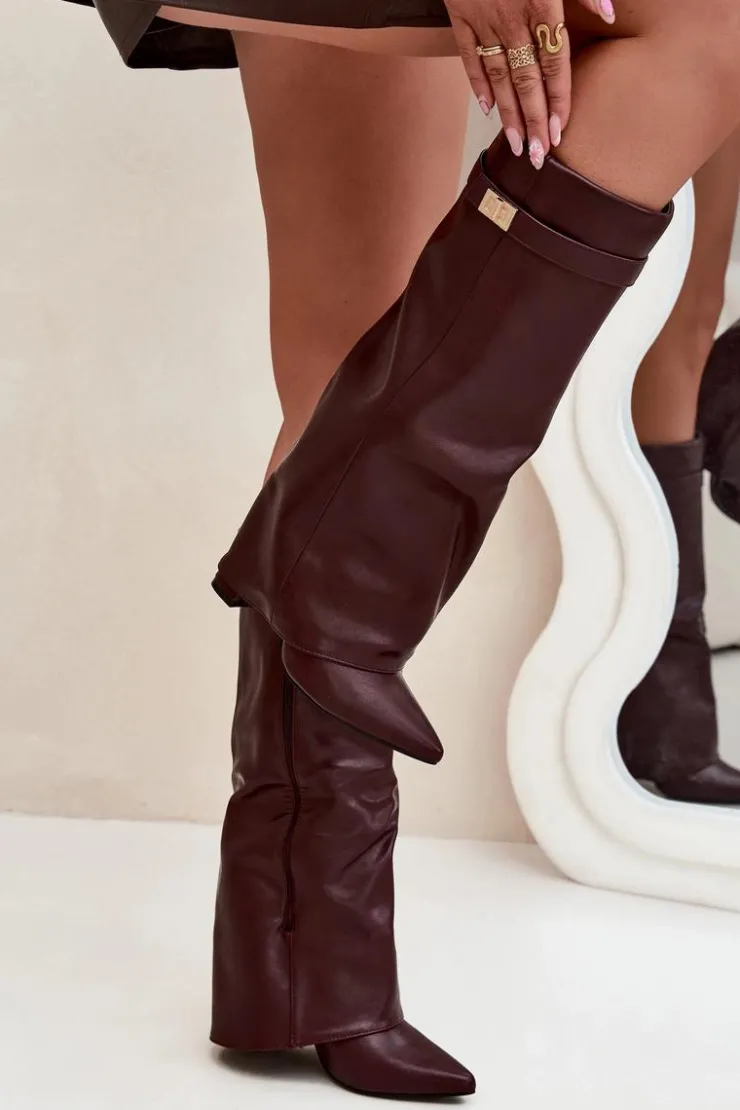 Damskie Boto Kozaki Damskie Na Słupku Z Wywiniętą Cholewką I Złotym Detalem Bordowe Diorna