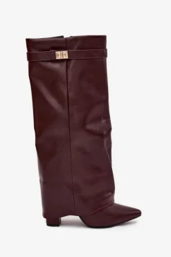 Damskie Boto Kozaki Damskie Na Słupku Z Wywiniętą Cholewką I Złotym Detalem Bordowe Diorna