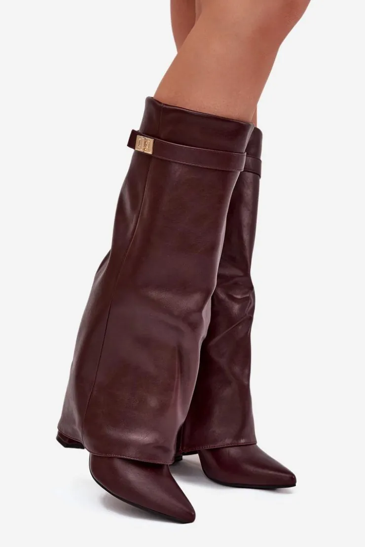 Damskie Boto Kozaki Damskie Na Słupku Z Wywiniętą Cholewką I Złotym Detalem Bordowe Diorna