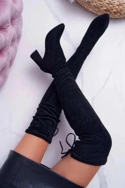 Damskie Boto Kozaki Damskie Na Słupku Zamszowe Czarne Bernet