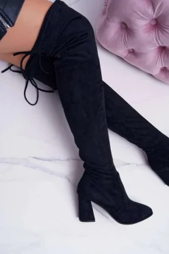 Damskie Boto Kozaki Damskie Na Słupku Zamszowe Czarne Bernet