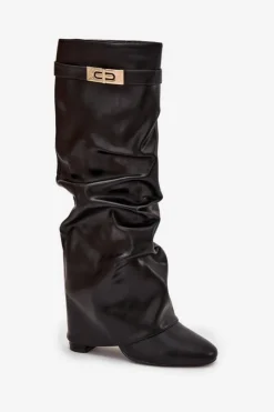 Boto Kozaki Ocieplane|Kozaki Na Słupku*Kozaki Damskie Na Słupku Z Marszczoną Wywiniętą Cholewką Czarne Glorine