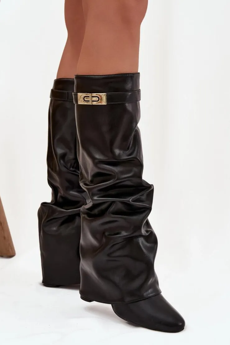 Boto Kozaki Ocieplane|Kozaki Na Słupku*Kozaki Damskie Na Słupku Z Marszczoną Wywiniętą Cholewką Czarne Glorine