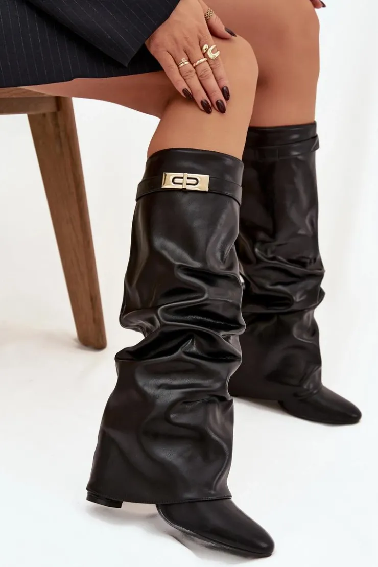 Boto Kozaki Ocieplane|Kozaki Na Słupku*Kozaki Damskie Na Słupku Z Marszczoną Wywiniętą Cholewką Czarne Glorine
