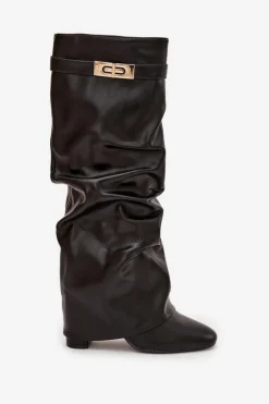 Boto Kozaki Ocieplane|Kozaki Na Słupku*Kozaki Damskie Na Słupku Z Marszczoną Wywiniętą Cholewką Czarne Glorine