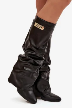 Boto Kozaki Ocieplane|Kozaki Na Słupku*Kozaki Damskie Na Słupku Z Marszczoną Wywiniętą Cholewką Czarne Glorine