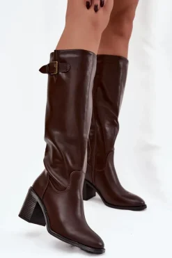 Discount Boto Kozaki Damskie Na Słupku Z Klamrą Czekoladowe Brenira Brązowy